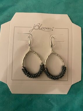 JBloom Silver Teardrop Earrings with Dark Gray Beads